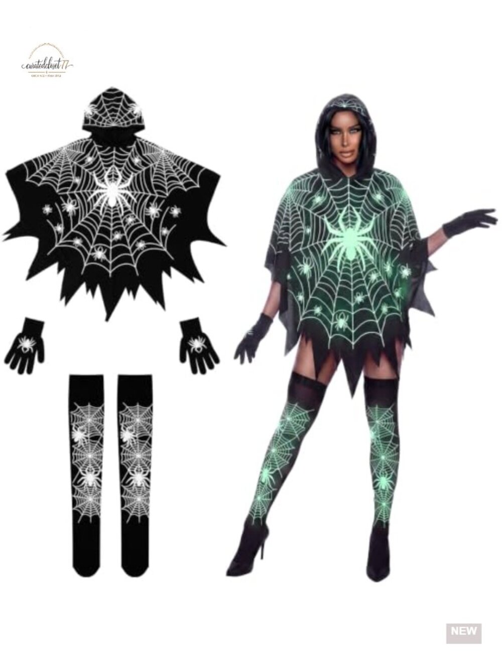 Women Halloween Spider Costume Glow in the Dark Poncho Gloves Stockings Set